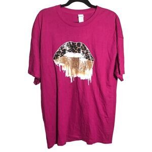 Gildan Lips Leopard Print Graphic Tee T-Shirt‎ Short Sleeve Top XL